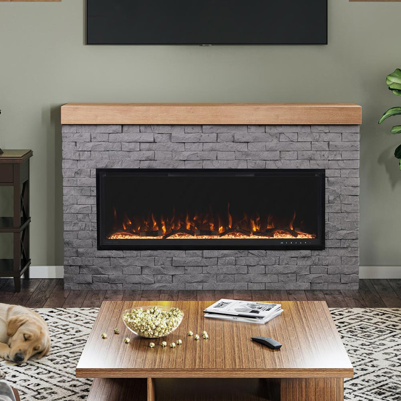 Modern Ember Wyman Linear Grey Stone Mantel Package With 50" Smart Electric Fireplace Heater Insert