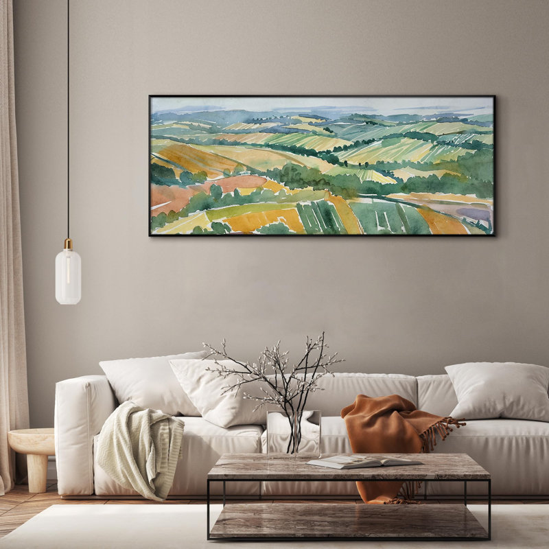 Extra Large Wall Art Fabric Print - Watercolor Hills Landscape Scenic Rolling Fields Artwork Decor for Living Room or Bedroom - "Frame Assembly Required (Unfinished Frame)"