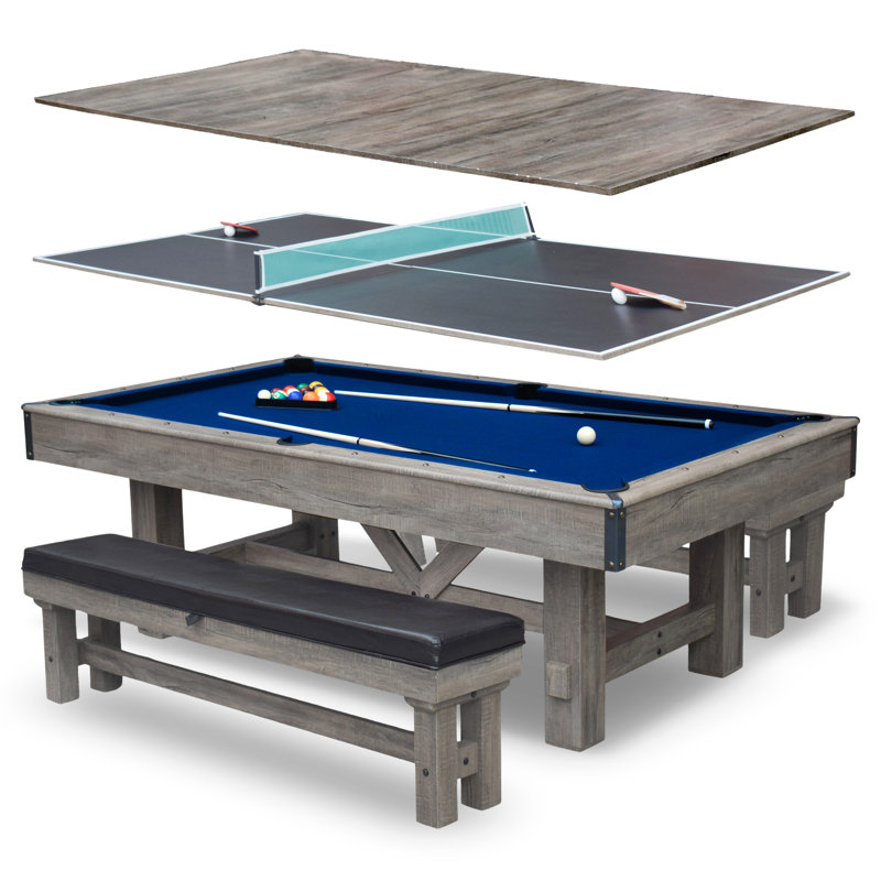 Hathaway Logan Stylish 7 Ft Multi Game Pool Table Combo with Dining Top and Ping Pong Includes Benches for Home Storage and Accessories Barnwood Finish