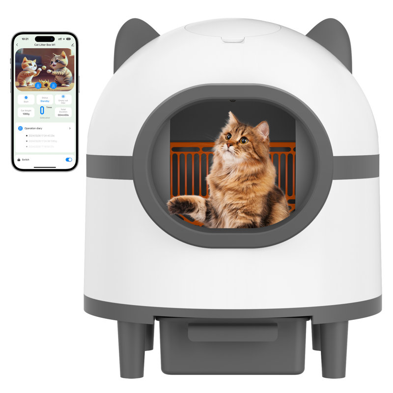 Self Cleaning Cat Litter Box, Large Capacity Automatic Litter Box, App Control, Suitable For Multiple Cats, White & Grey
