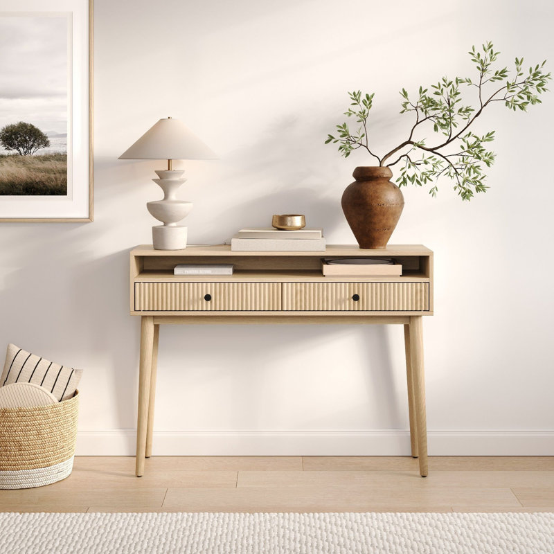 Fluted Console Table with Swing Doors - Small Entry Table for Narrow Spaces - Living Room Furniture - Solid Wood Entryway Table with Brass Knobs