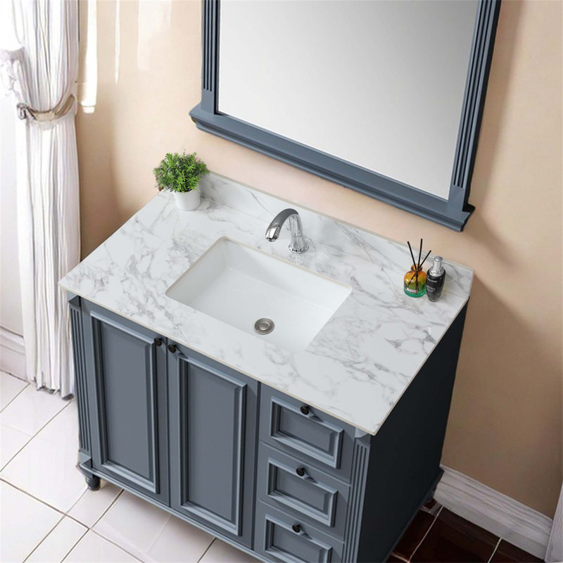 Wilfred Bathroom Vanity Top,Sintered Stone Carra Barthroom Vanity Sink Tops With Rectangular Undermount Ceramic Sink With Vanity Backsplash, Singe Faucet Hole Bathroom Vanity Countertop