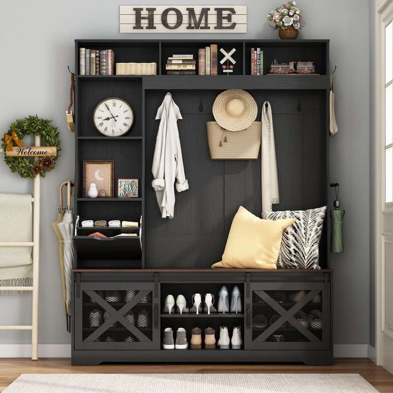 Led Farmhouse Hall Tree 59'' Wide With Bench And Shoe Storage