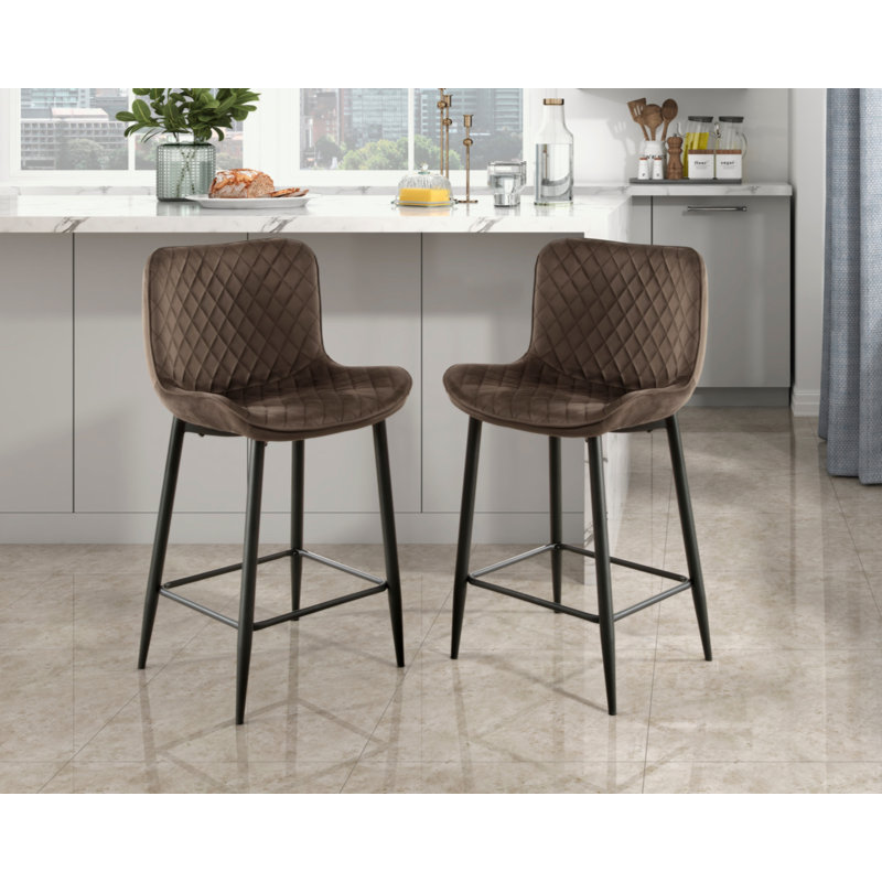Set Of 2 Counter Height Chairs Velvet Upholstery Modern Casual Dining Furniture Metal Legs