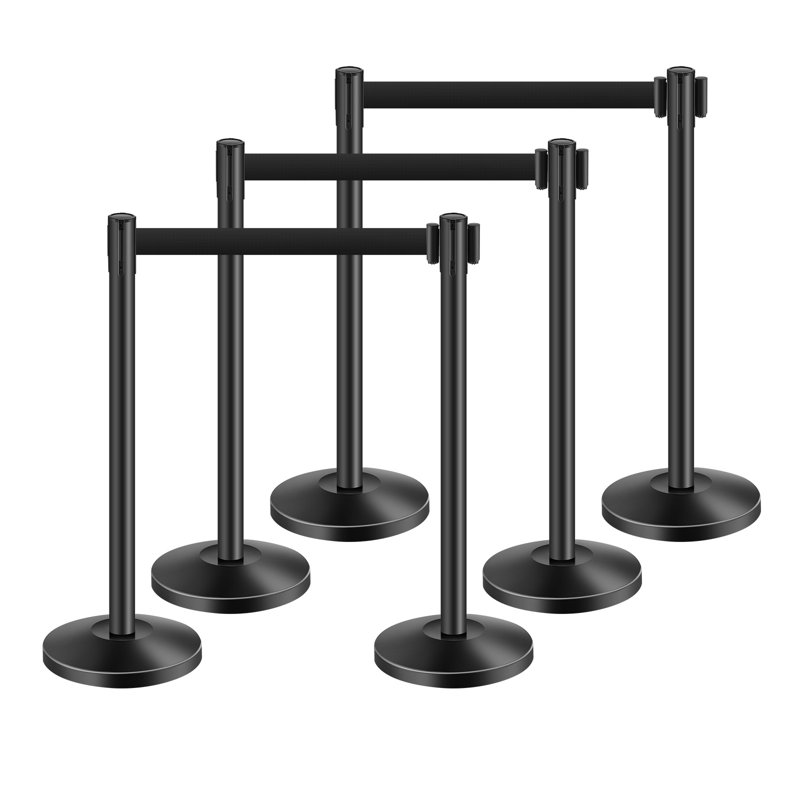 Stanchion Post, 6 Pcs Stanchions with Retractable Belts, Carbon Steel Black Stanchions Queue with Sand Injection Hollow Base, Crowd Control Barriers for Theaters, Parties, Weddings, Exhibitions