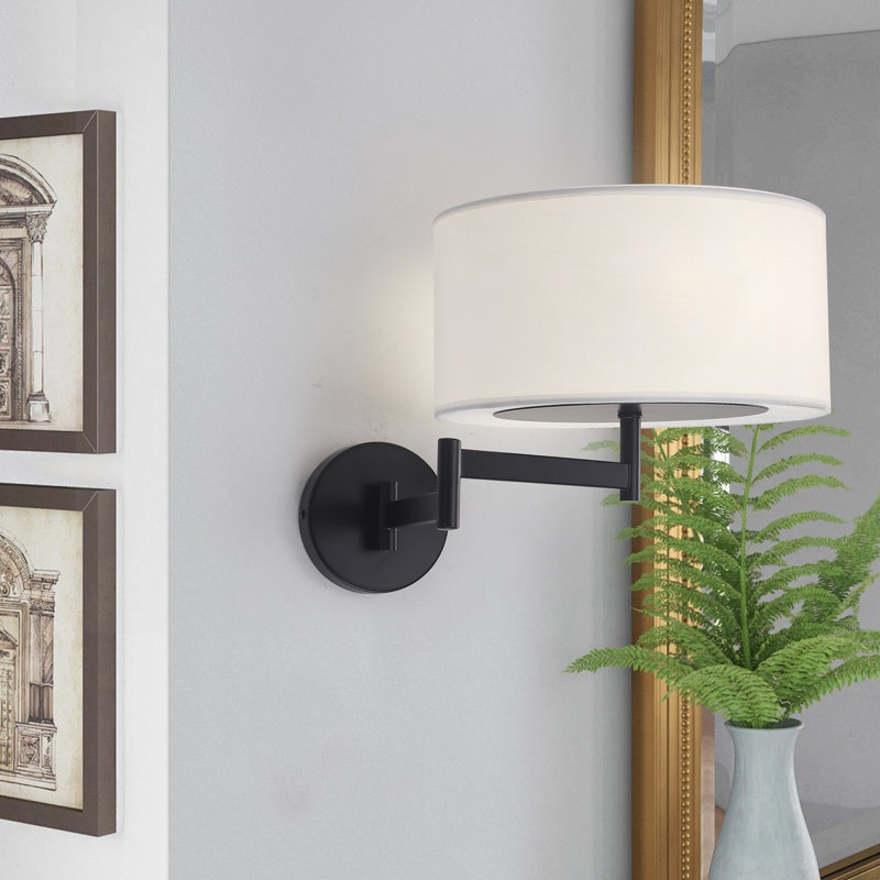 1-Light White Linen Shade Dimmable Swing Arm Sconce