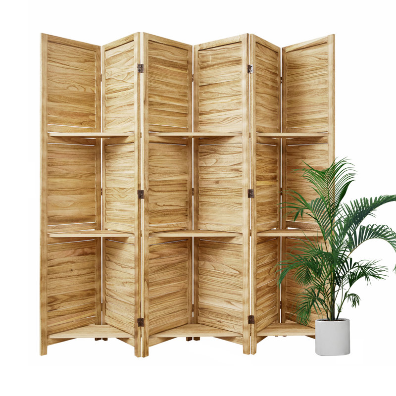 Room Divider With Shelves, 5.6ft Folding Wood Screen With Double Hinges