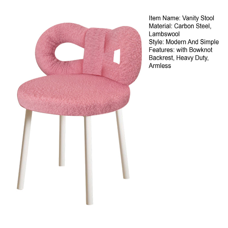 Vanity Stool With Bowknot Backrest Living Room Bedroom Makeup Chair Adjustable Foot Pads Armless Dressing Chair Side Table Seat