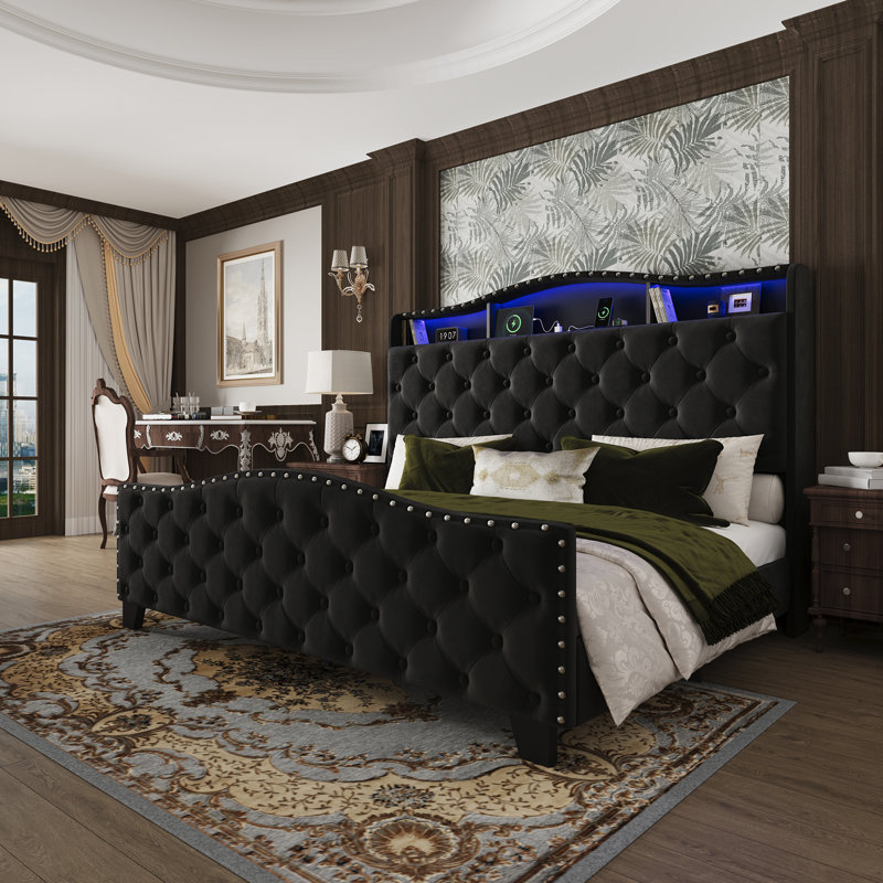 Tufted Velvet Platform Bed Curved Headboard Bed With Light