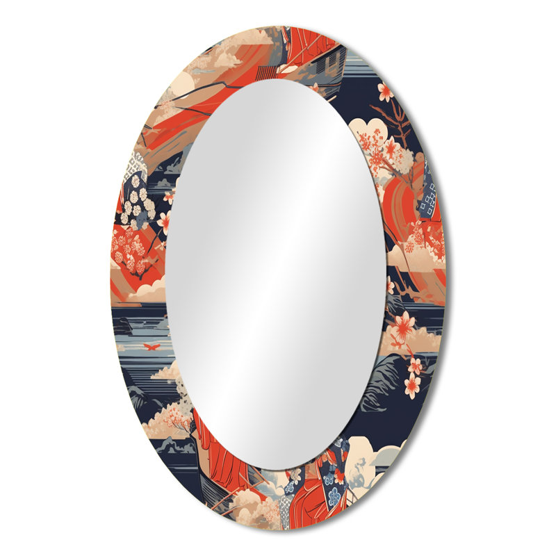Ukiyo Japanese Woman In Retro Waves I - Glam Oval Wall Mirror