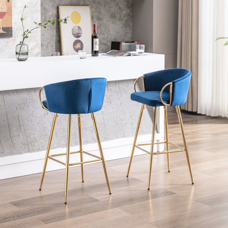 Of 2 26 Inch Bar Stools, Velvet Seat, Golden Leg, Footrest And Base, Practical Seating Option Furniture