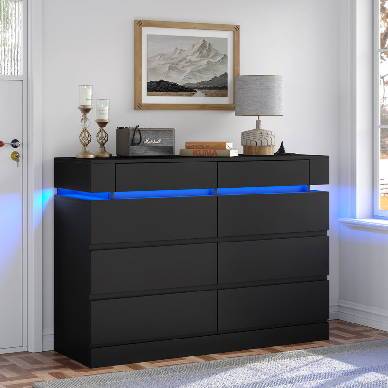 Naryan 8-Drawer 47.3" W Dresser with Power Outlet, Bedroom Dresser with LED Light