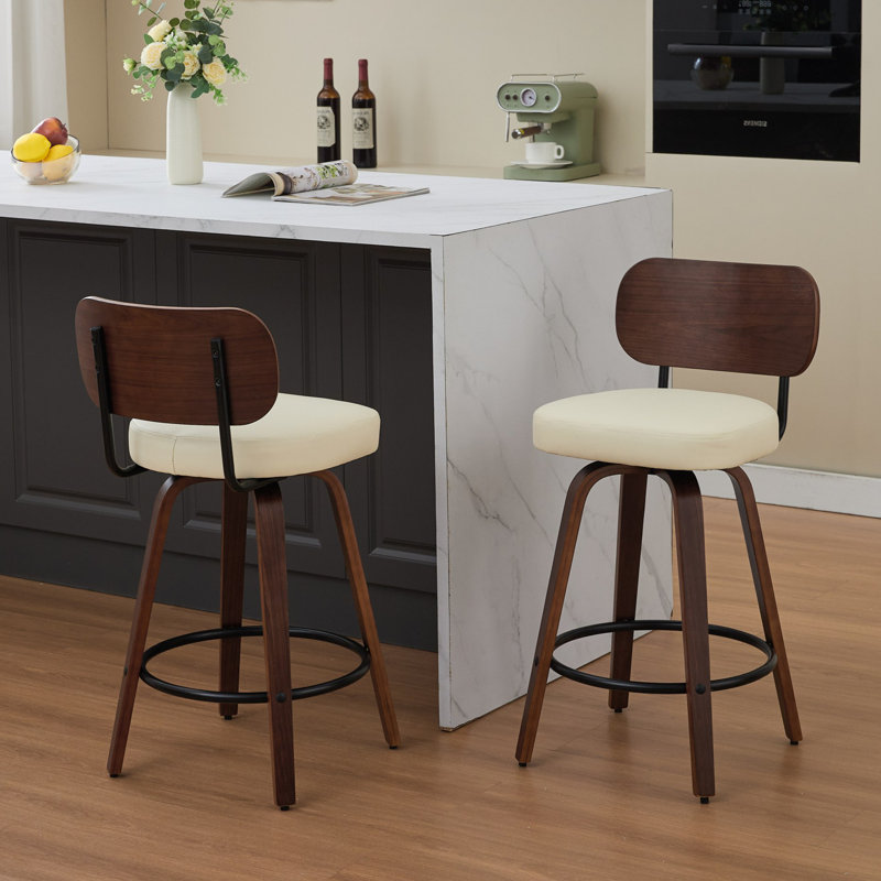 Swivel Bar Stools With Backs, 25.59" Counter Height Bar Stools Set Of 2, Upholstered Faux Leather Counter Barstools With Solid Wood Legs Modern Bar Chairs Island Stools For Kitchen Island, Home Bar