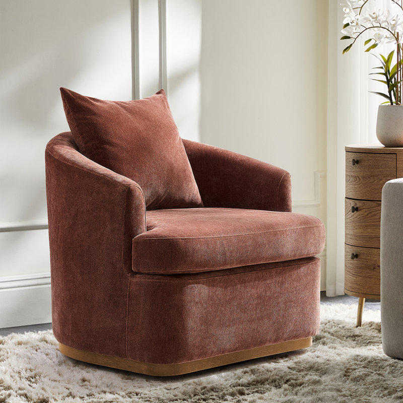 Berklie 31"W Modern Chenille Swivel Barrel Chair with Unique Arms and Solid Wood Legs