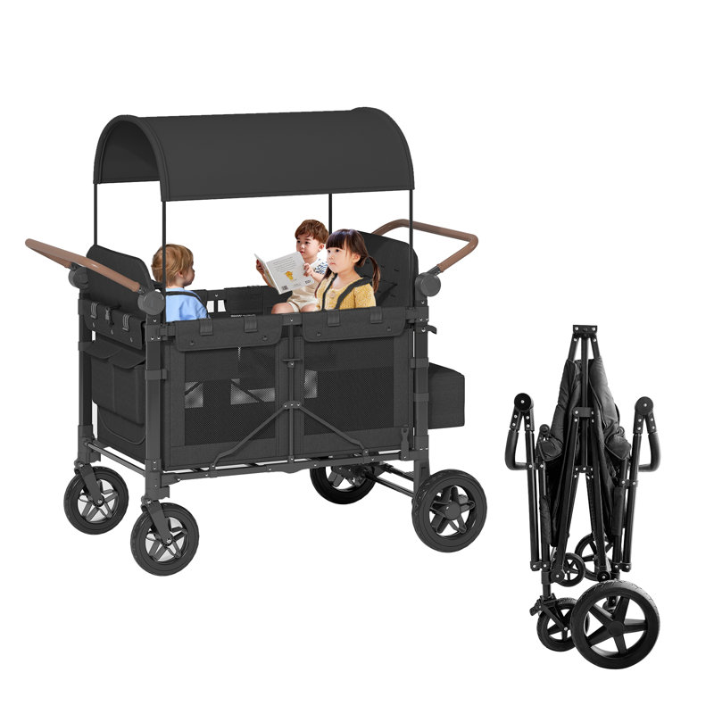 4-seater Stroller Wagon, Folding Push-pull Stroller,5-point Harnesses,adjustable Handle, Black/Grey