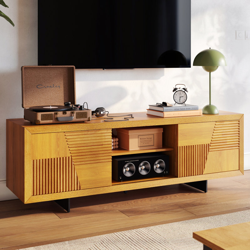 Trapeze 63" TV Stand for Living Room Wooden Media Console with Storage, Metal Legs, Large TV Stand for Stylish Home Entertainment Setup