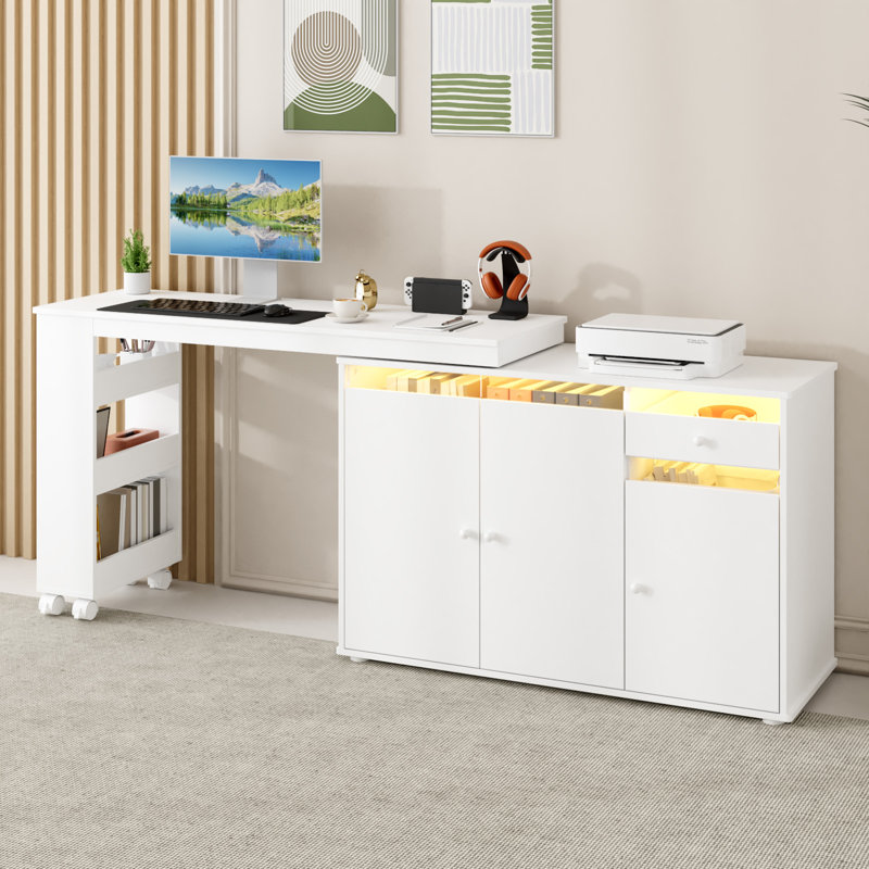 L-Shaped Computer Desk with Storage Cabinet, Drawer & Shelf, Rotating & Convertible Home Office Desk with LED Light