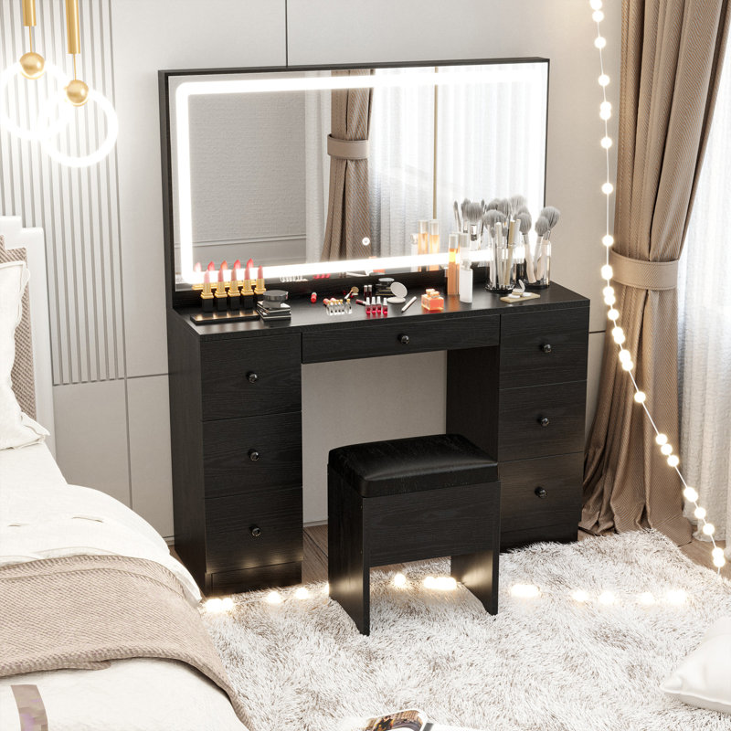 43" W 7-Drawer Makeup Vanity Set with LED Lighted Mirror and Power Outlet