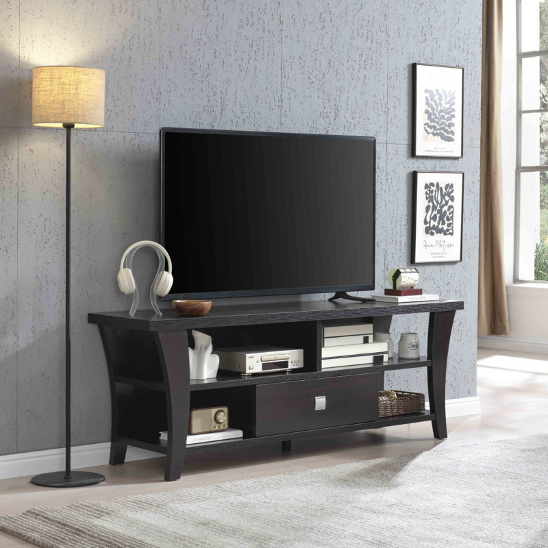 TV Stand Cabinet With Curved Legs One Drawer On Metal Glides Divided Shelf Two Cubbies