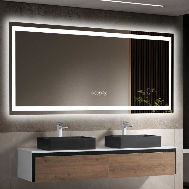 Rectangle LED Wall Mirror, Dimmable Vanity Light Mirror, Front light & Backlit, Anti Fog