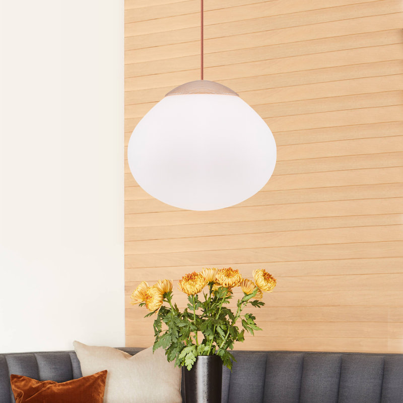 12.6 In. 40-Watt 1-Light Modern Wood Pendant Light With White Glass Shade For Kitchen Bedroom And Dining Room