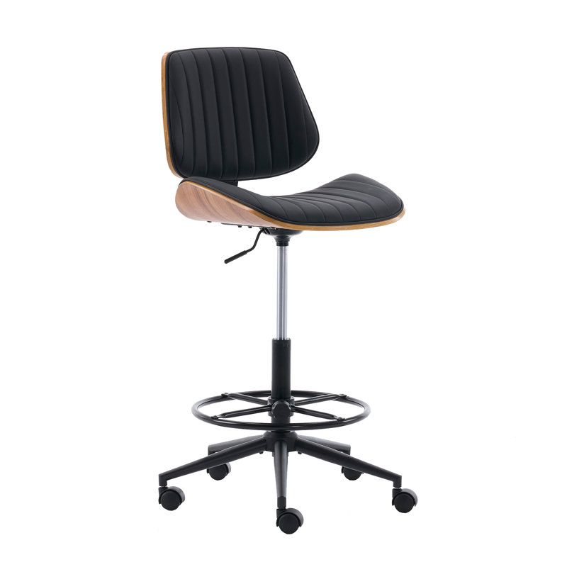 Adjustable Ergonomic Drafting Chair With Footrest Ring, 360 Swivel Armless Tall Office Chair With Bent Wood