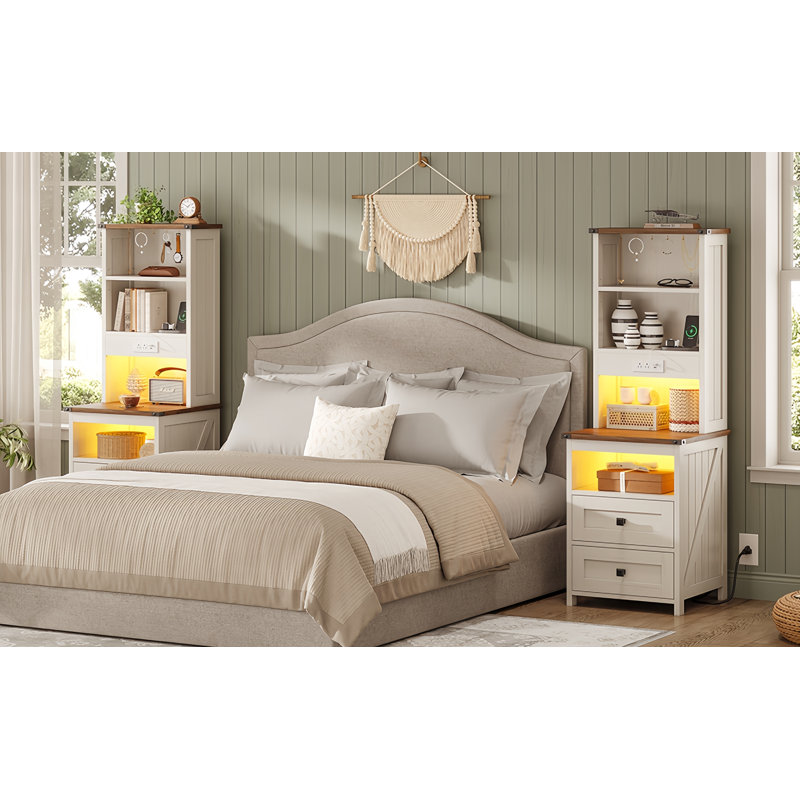 2 Drawers Farmhouse Tall Nightstand with Charging Station and Bookshelf