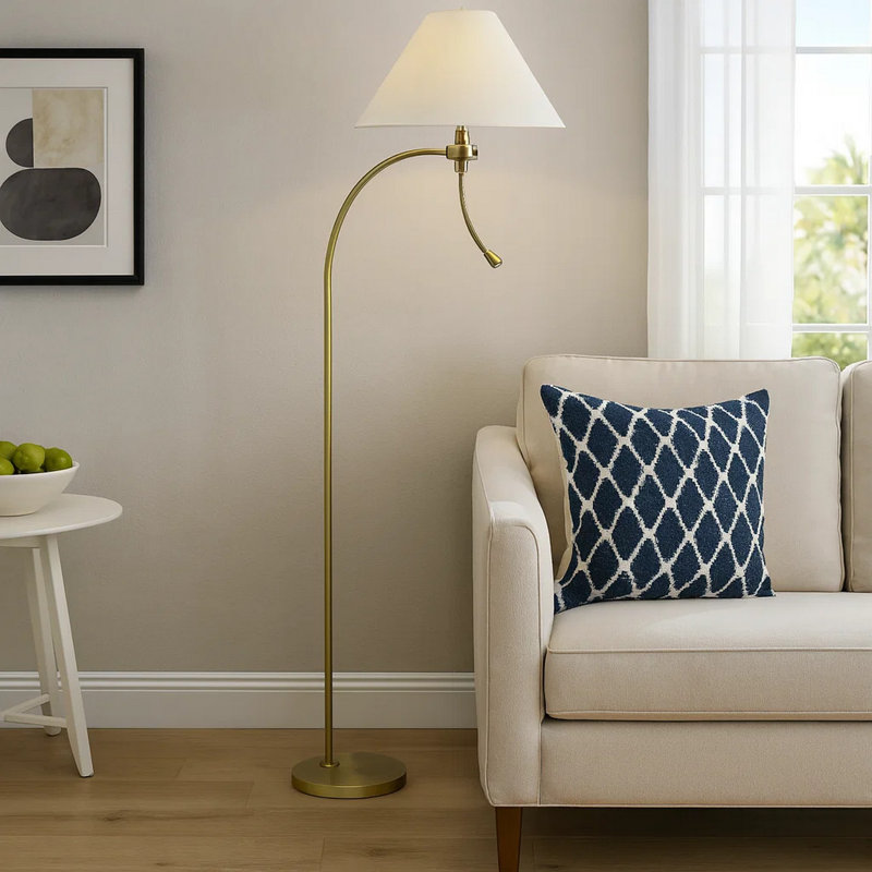 Ashy 68 Inch Floor Lamp, Gooseneck LED, White Shade, Arc Pole