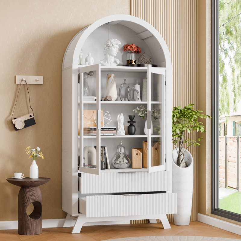 73" Tall Arched Storage Cabinet With Glass Doors & Louvered Drawers, Vintage Brown Display Cabinet With Metal Handles For Living Room Or Study