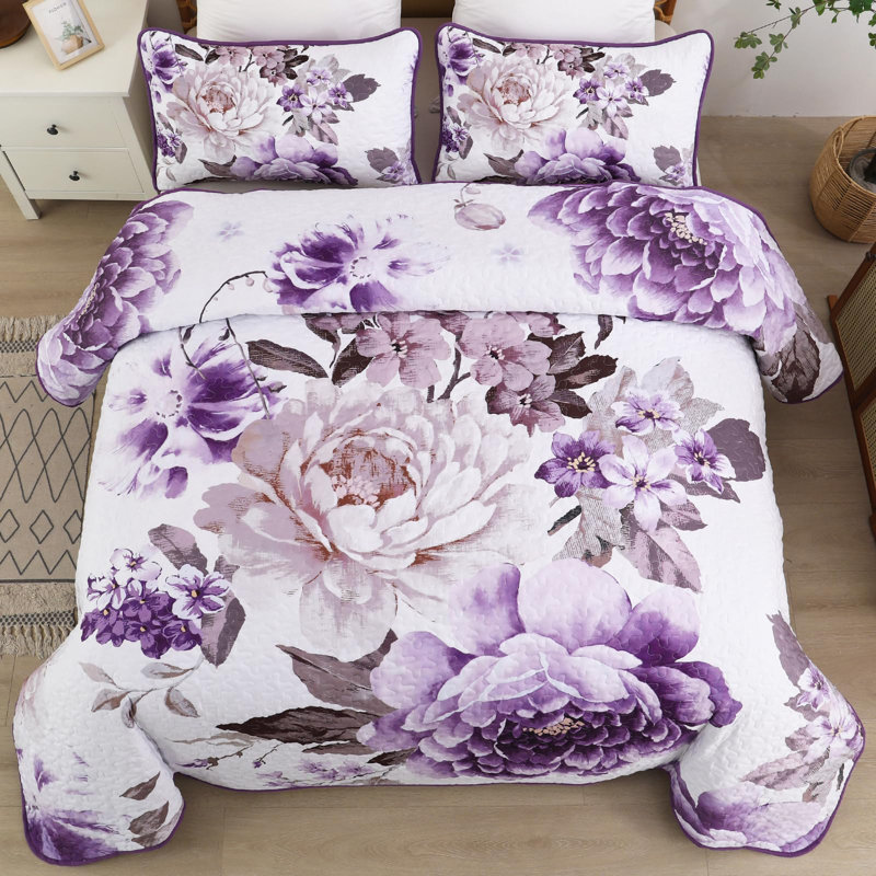 3-Piece Reversible Botanical Printed Quilt Set Lightweight Bedding Set for All Seasons
