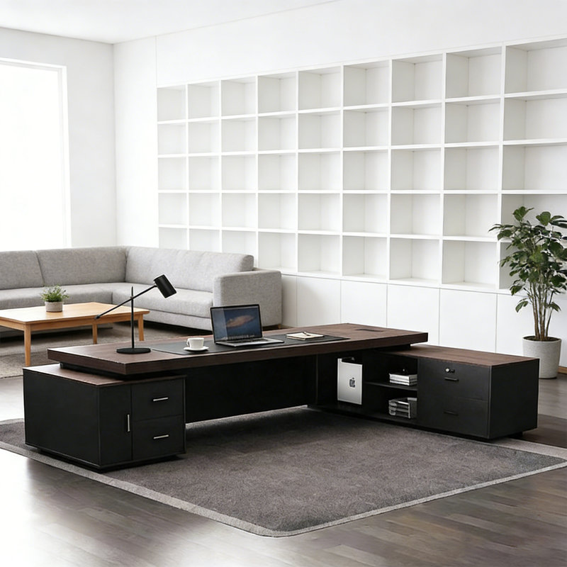 Modern L-Shaped Luxury Office Desk In Dark Brown