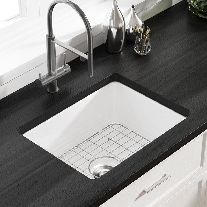 Oslo White Single Bowl Fireclay Undermount Kitchen Sink with Basket Strainer and Bottom Grid