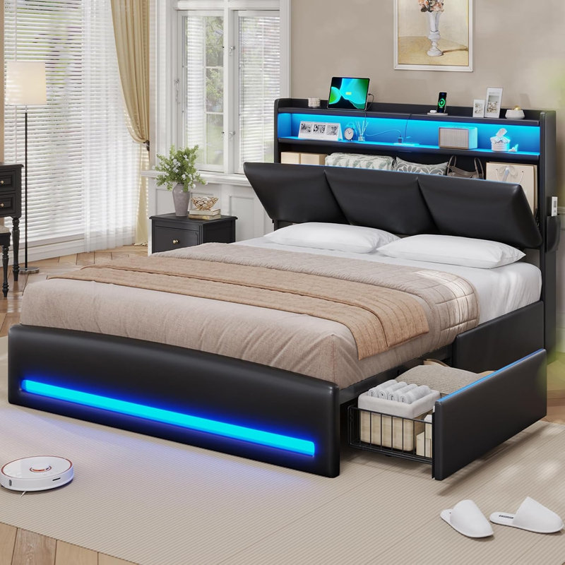 Bed Frame With Drawers And Headboard, Upholstered Storage Bed With Charging Station And Led Lights