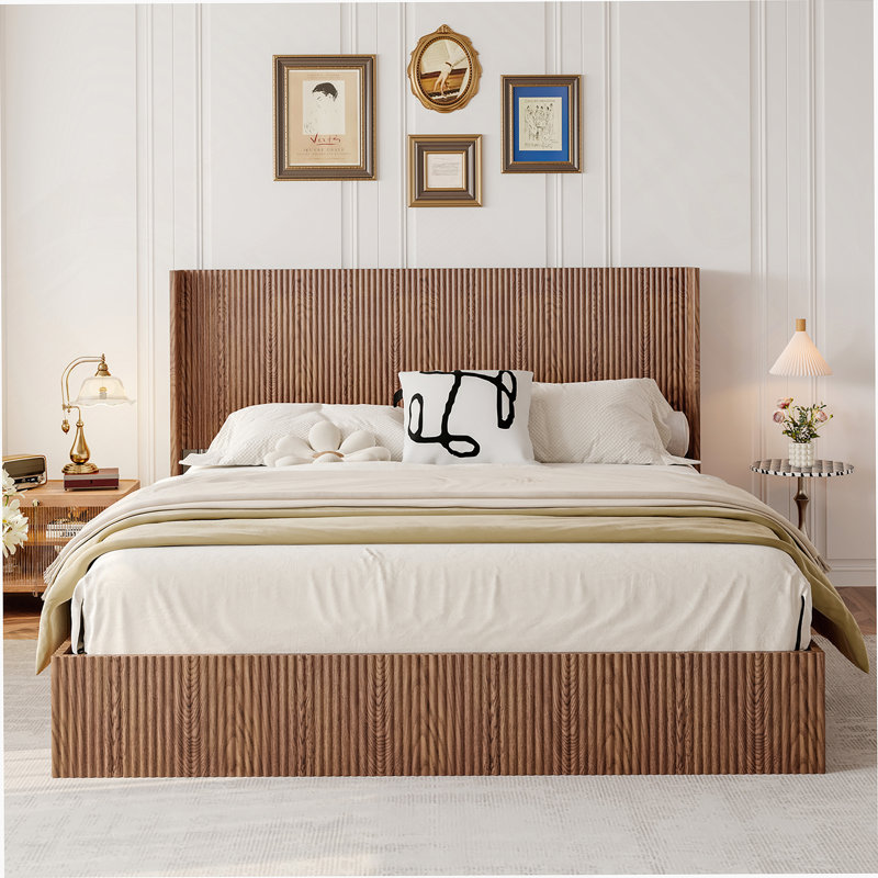 Hydraulic Lift Storage Bed - Rustic Wood Platform Bed Frame with 1000lb Capacity, No Box Spring Needed, American Artsy Design