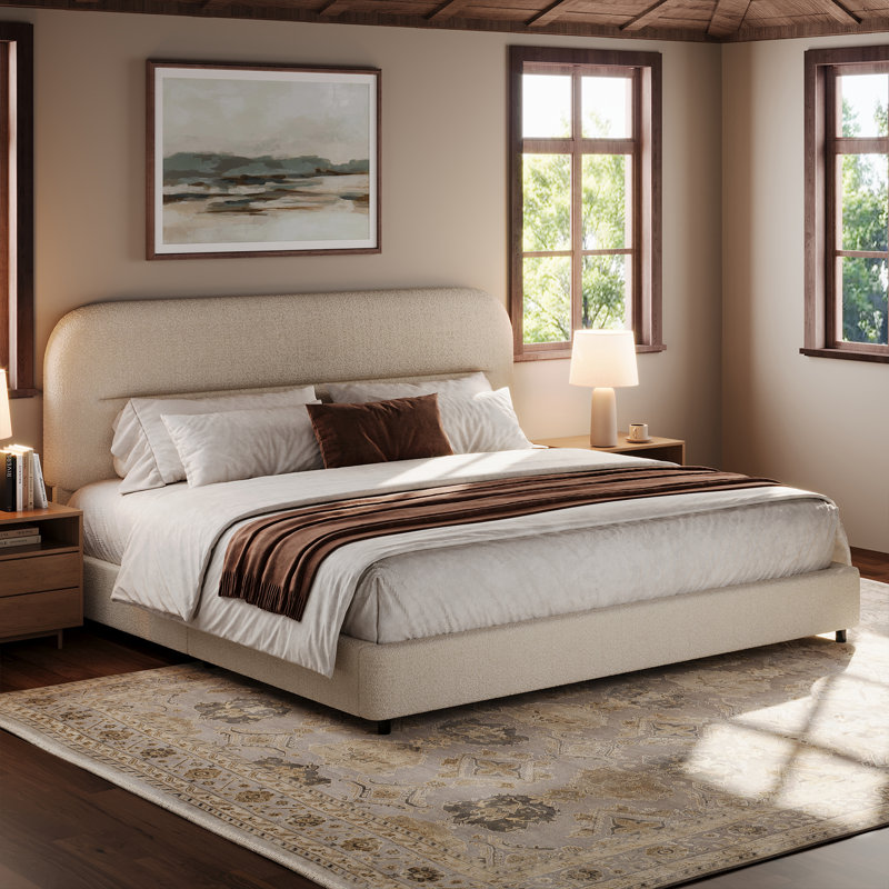 Bensu Platform Bed Frame, Cloud Collection with Boucle Upholstery & Rounded Headboard, Thickened Footboard