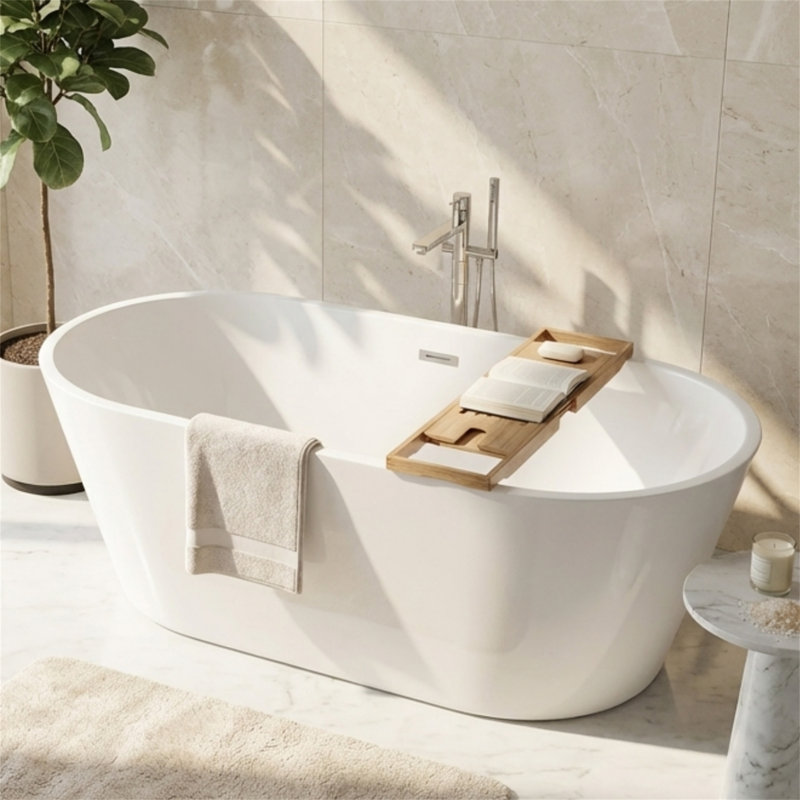 67" Acrylic Freestanding Soaking bathtub, Roll-Top Rim, Chrome Overflow & Pop-Up Drain, 144-Gallon Capacity