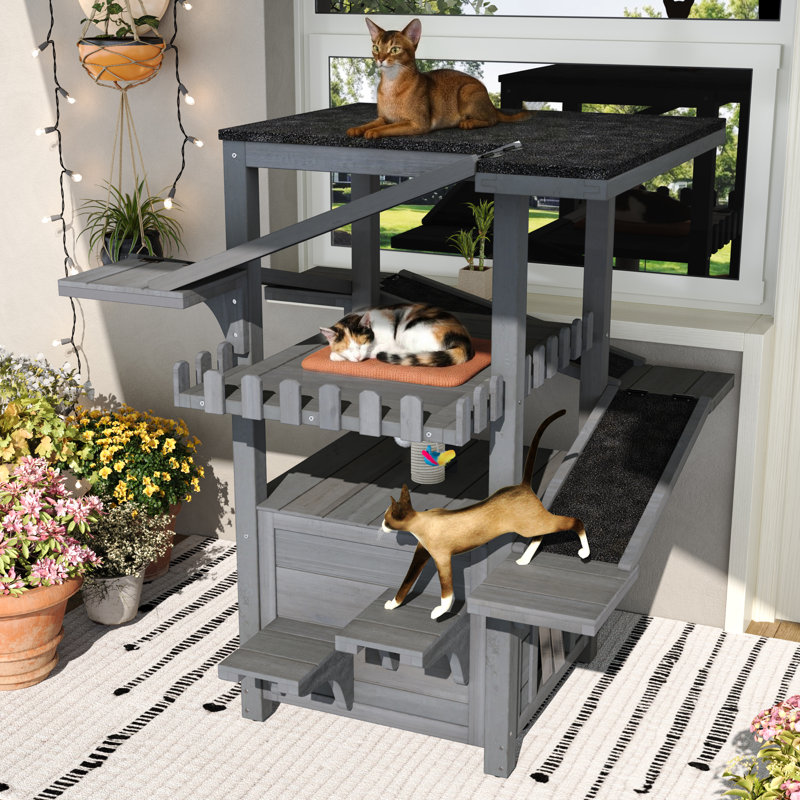 4 Tiers Outdoor Cat House Weatherproof Cat Tree Tower with Waterproof Roof and 2 Doors