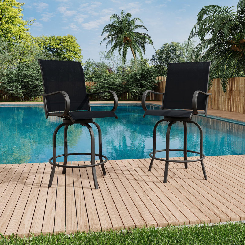 Outdoor Swivel Bar Stools, 360 Degree Rotating Patio Bar Chairs with Textilene, High Back Metal Stools with Armrests
