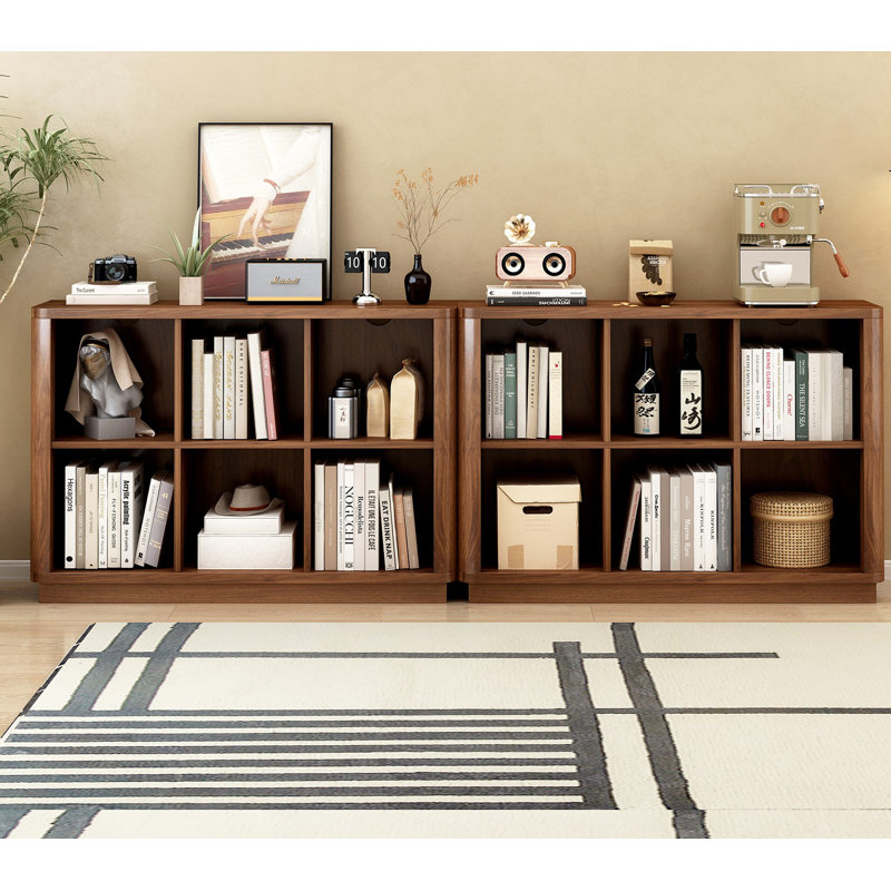 6 Cube Storage Bookcase, 40" Wide Low Horizontal Book Shelf With Curved Edge, Wood Floor Standing 2-tier Bookshelf With Base, Farmhouse Short Book Case For Bedroom, Living Room, Office, Walnut