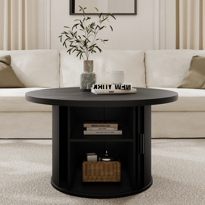 Tambour Design Round Coffee Table with Storage, Mid Century Modern Table for Living Room