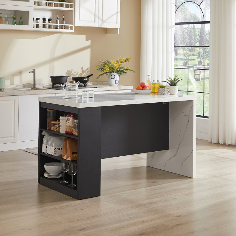 61" W Kitchen Island with Faux Marble Top and Power Outlets