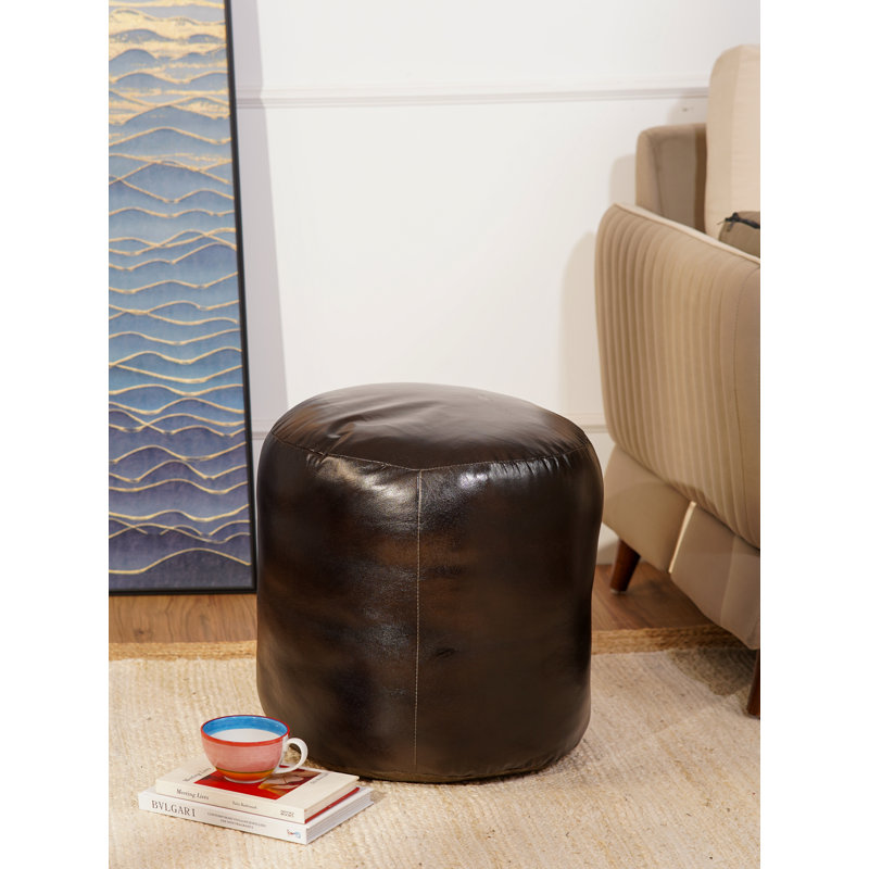 HANDMADE ECO-FRIENDLY STUFFED BUFFALO LEATHER POUF - Plain Solid Design, Genunie Buffalo Leather, Recycled Cotton Stuffed, Seating Pouf For Living Room, Study Room, Patio & Office