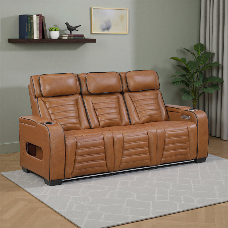 Eshan 84" Modern & Contemporary Top Grain Leather Power Double Reclining Sofa with Drop-Down Center Table, Air Massage, Heat, LED Reading Lights & Wireless Charging