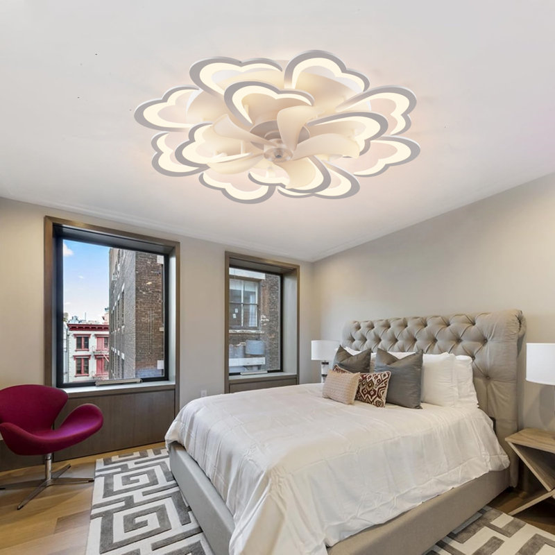 Acea 34.6" White Flower Ceiling Fan With Dimmable Light Modern LED Flush Mount Ceiling Fan Light Remote