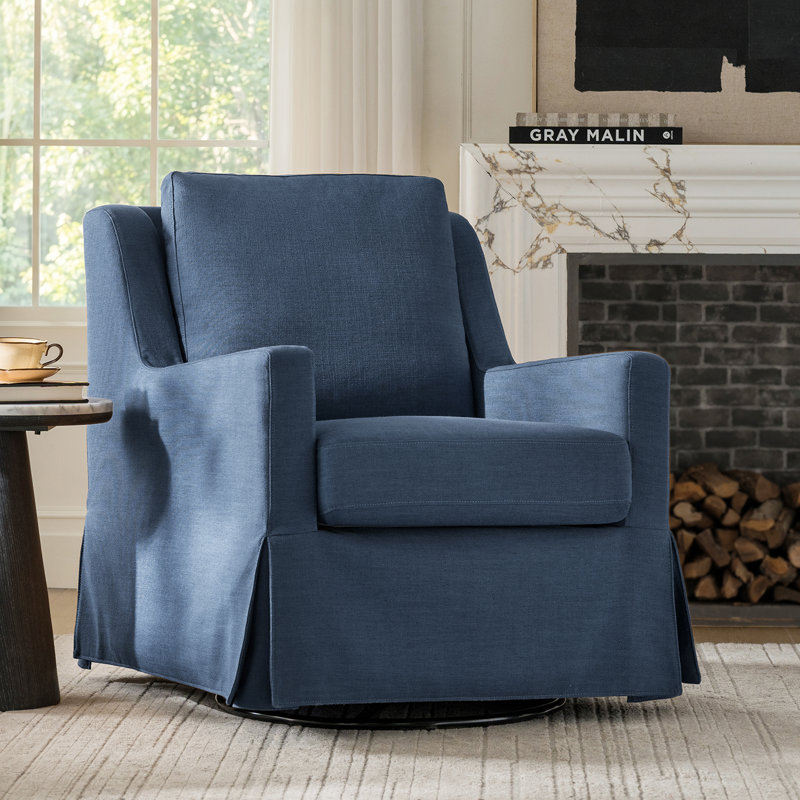 Lillie 30" W Farmhouse Slipcovered Down-blend Swivel Rocking Chair with Pillow Back