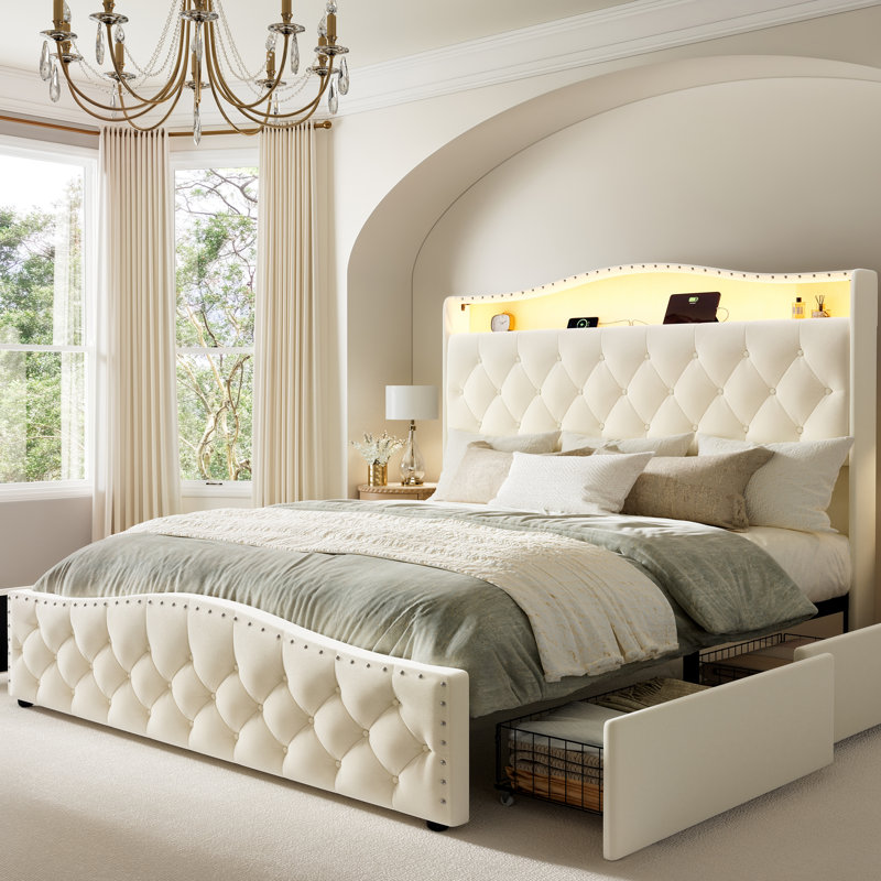 Upholstered Full Bed Frame With 4 Storage Drawers, Platform Bed With Charging Station & Led Light, No Spring Box Needed, Easy Assembly