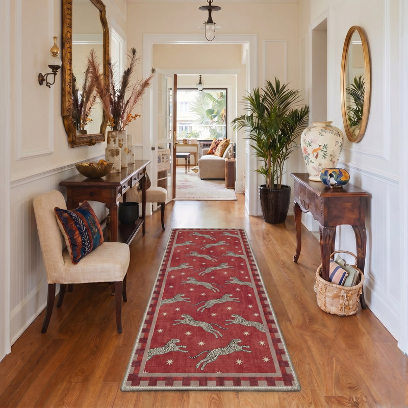 Safari Run Animal Print Machine Washable Red / Beige Indoor Area Rug with Non-Slip Backing