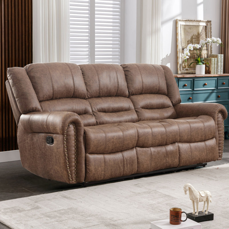 Margena 83.5" Wide Classic and Oversized Top Faux Leather Manual Reclining Sofa with Nailhead Trim