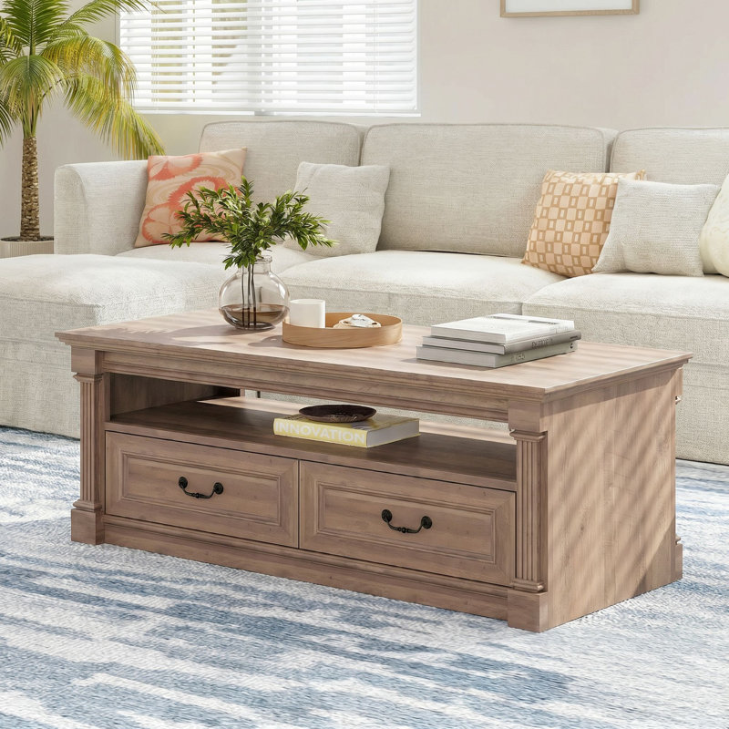 48 Traditional American Coffee Table Rectangular Wood Tabletop With Straight Apron, Smooth Natural Finish Classic Living Room Center Table