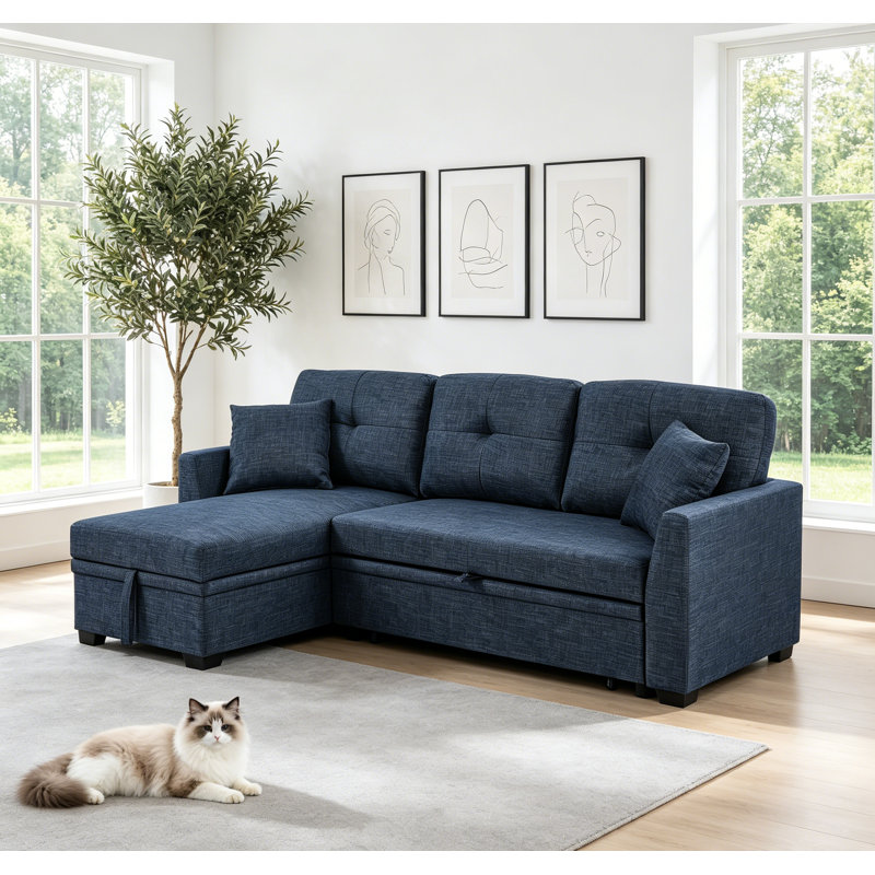 84.9" L-Shaped Sectional Sleeper Sofa With Reversible Storage Chaise,Modern Convertible Pull Out Couch Bed With 2 Pollows